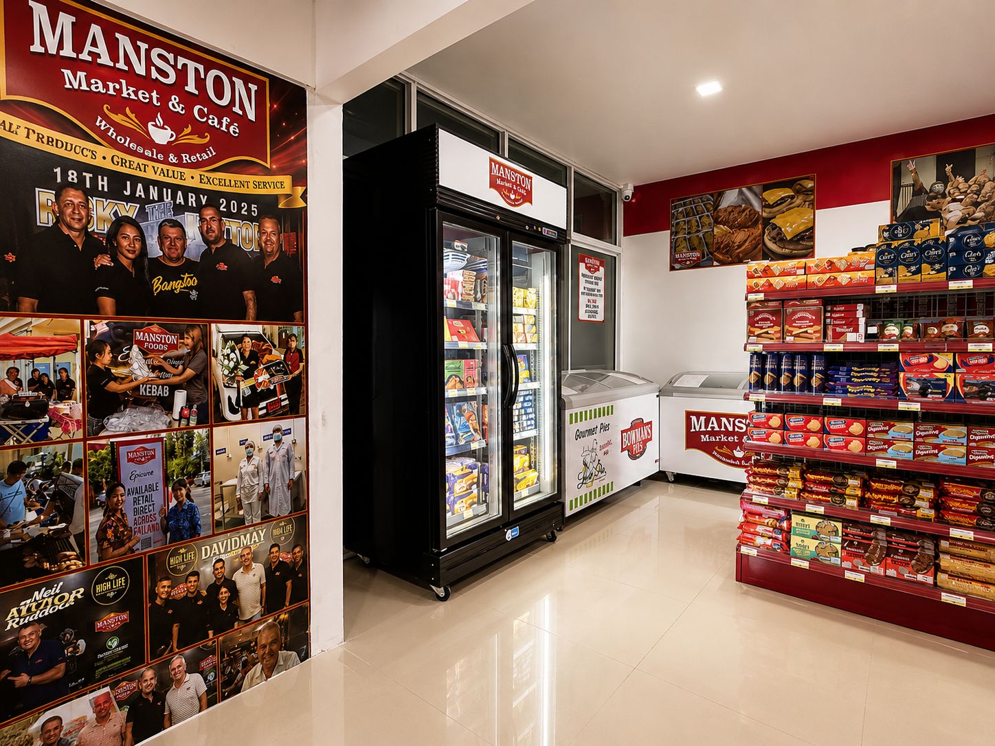 Gourmet pies cabinet and the Manston Market & Café story wall