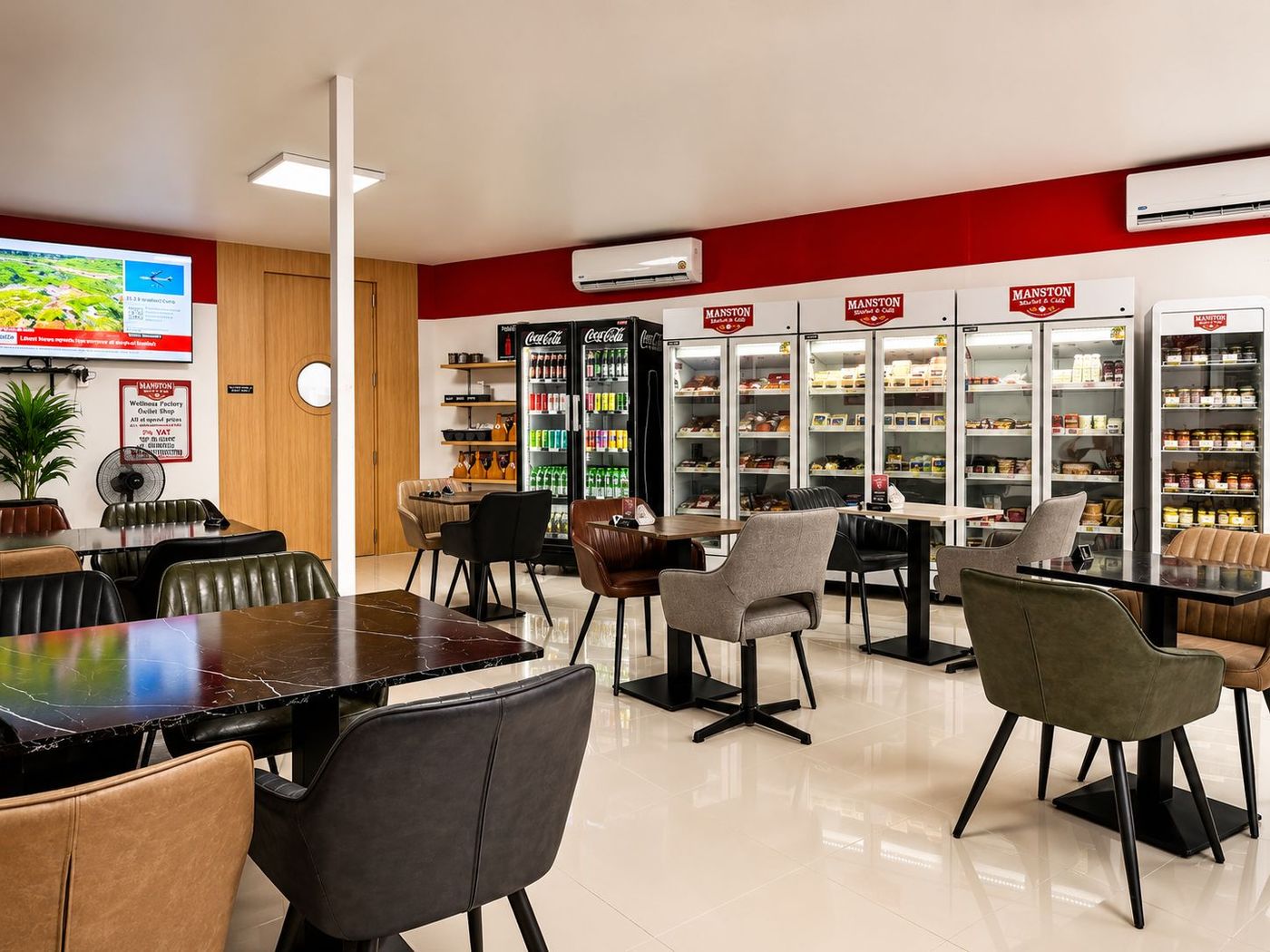 The café seating area with comfy chairs and dining tables